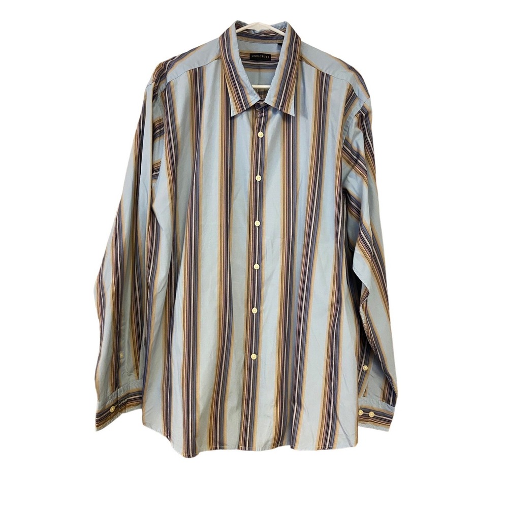 Men's Structure Long Sleeve Button Up Shirt Blue With‎ Stripes XXL
